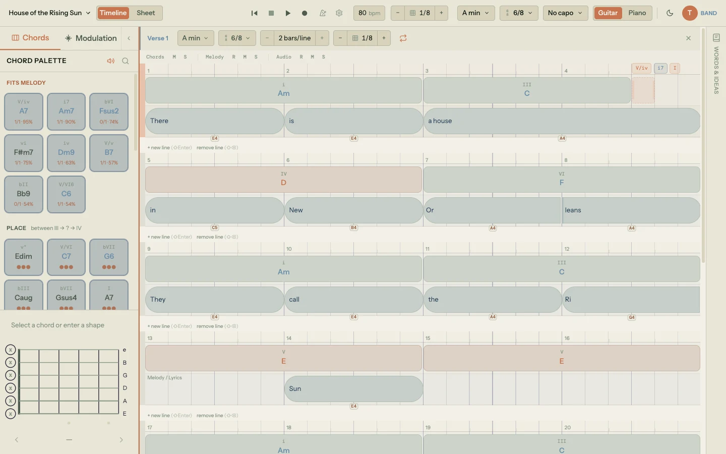 Chord sidebar Chords tab with Fits Melody section showing A7, Am7, Fsus2, F#m7, Dm9, B7 ranked with percentage scores, plus a PLACE section showing context-aware suggestions between the current chord and the next one