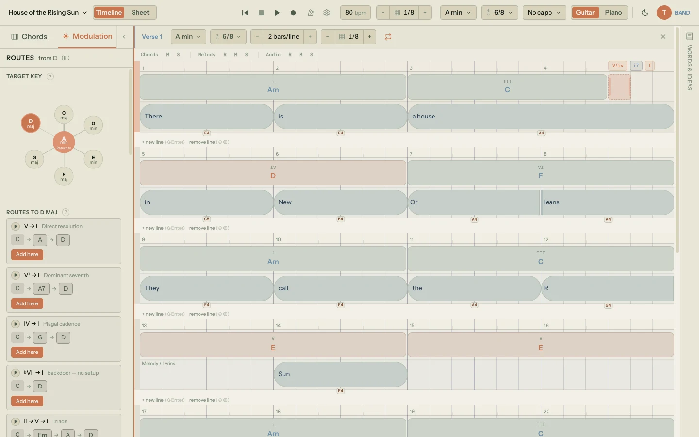Modulation tab showing ROUTES from C with a target key map (A min at center, D maj selected, surrounding keys including C maj, D min, E min, F maj, G maj), and a list of ROUTES TO D MAJ with multiple named cadence patterns from direct resolution to tritone substitution