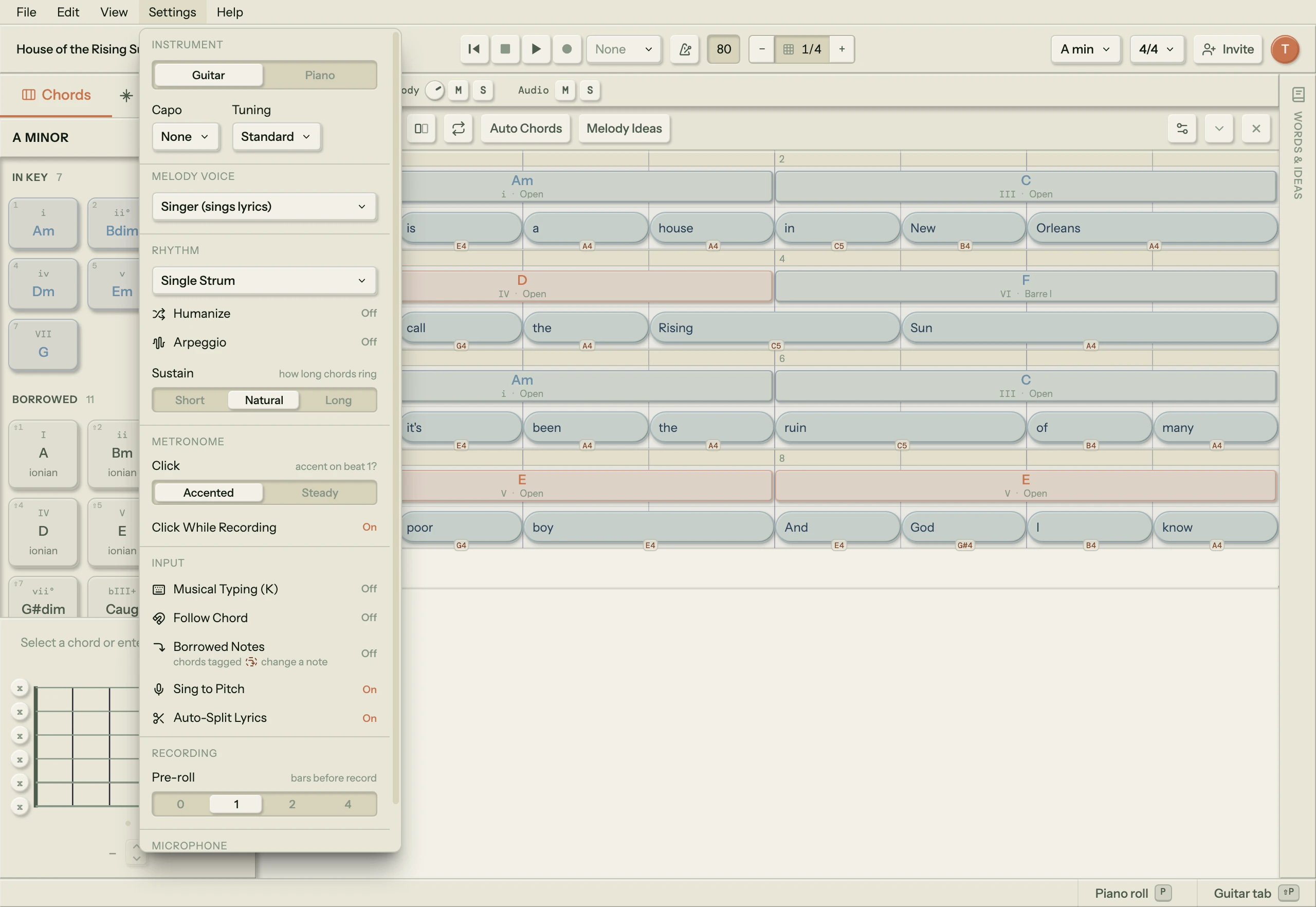 The Settings menu open from the menu bar over the timeline of House of the Rising Sun: INSTRUMENT (a Guitar/Piano toggle with Guitar active, then Capo set to None and Tuning set to Standard side by side), MELODY VOICE (Singer (sings lyrics)), RHYTHM (Single Strum, Humanize Off, Arpeggio Off, Sustain set to Natural), METRONOME (Click set to Accented, Click While Recording On), INPUT (Musical Typing (K) Off, Follow Chord Off, Borrowed Notes Off, Sing to Pitch On, Auto-Split Lyrics On) and RECORDING (Pre-roll 1), the menu scrolling on to MICROPHONE