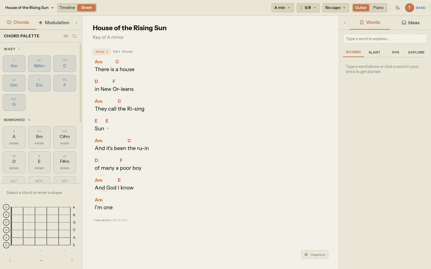 Sheet view of House of the Rising Sun with chord names (Am, C, D, F, E) floating above the words of each line in a printable notepad layout