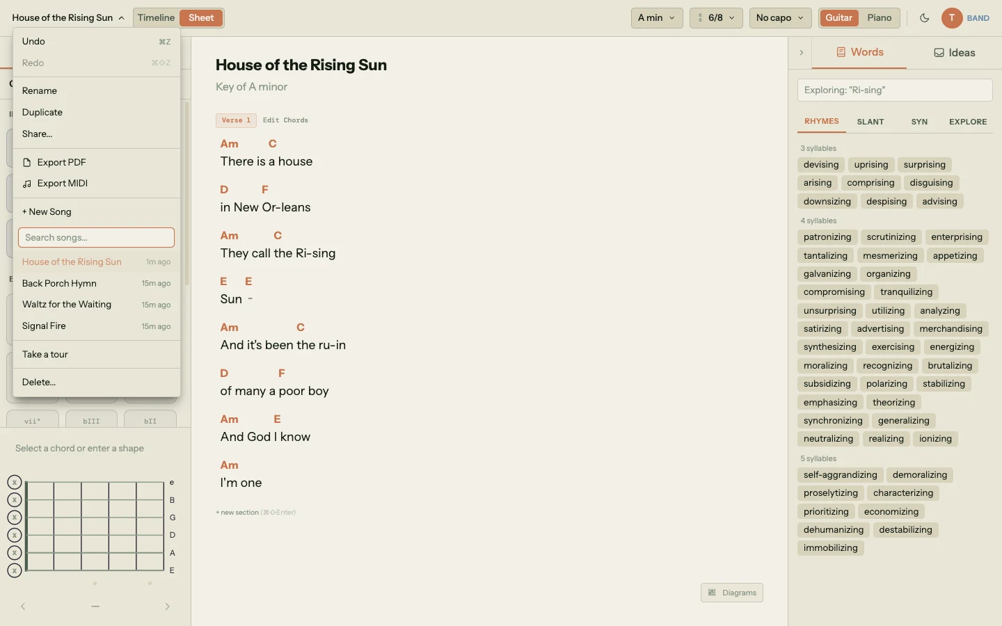 Song menu dropdown open with options for Undo/Redo, Rename, Duplicate, Share, Export PDF, Export MIDI, New Song, a search field, and a recent songs list showing House of the Rising Sun at the top as the current song, followed by Back Porch Hymn, Waltz for the Waiting, and Signal Fire. In the background, the sheet view of the song is visible alongside the Words panel populated with rhymes for "Ri-sing"