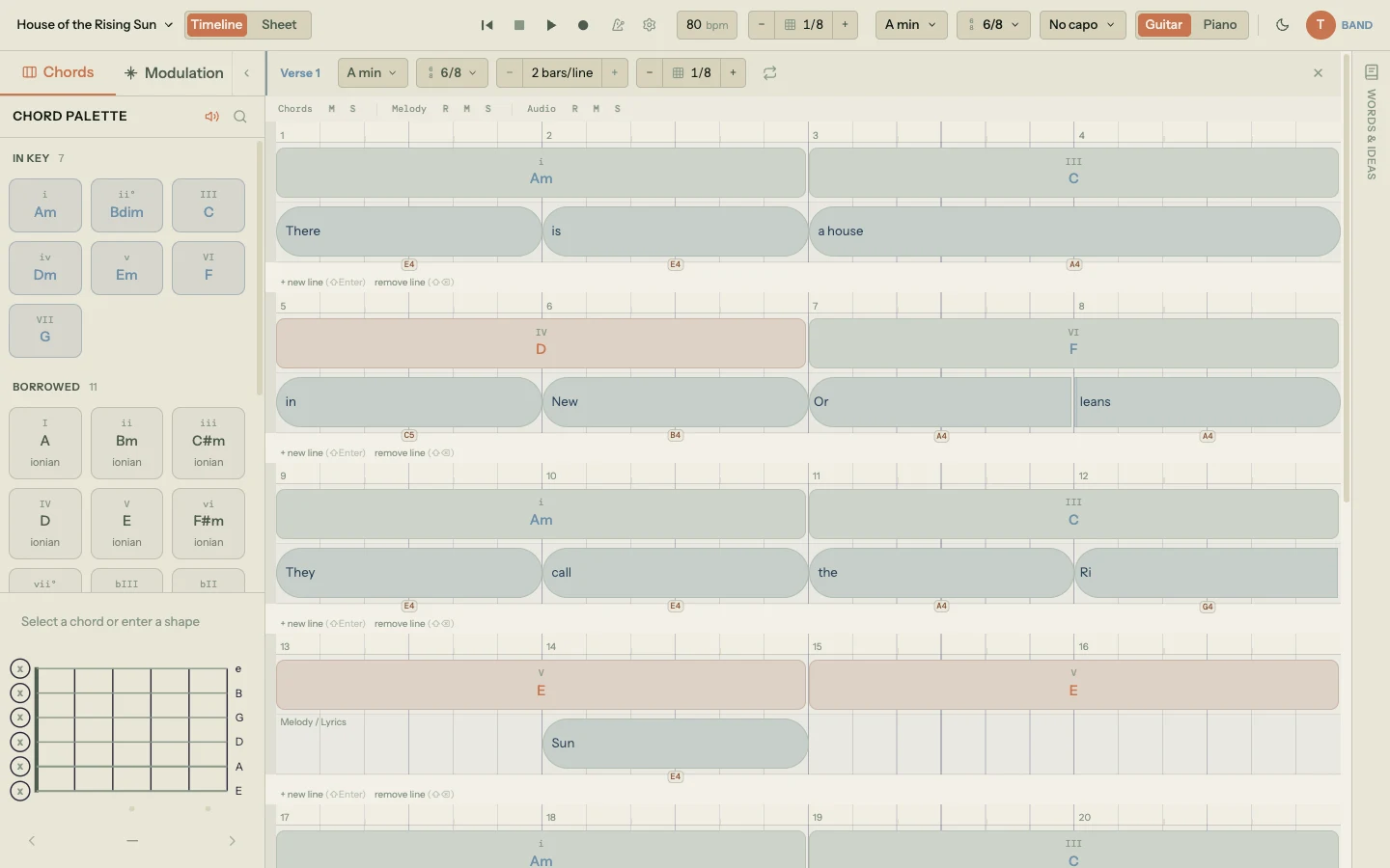 Timeline view showing House of the Rising Sun in A minor with chord blocks (Am, C, D, F across lines) above lyric blocks carrying melody notes (E4, E4, A4, C5, B4, A4)