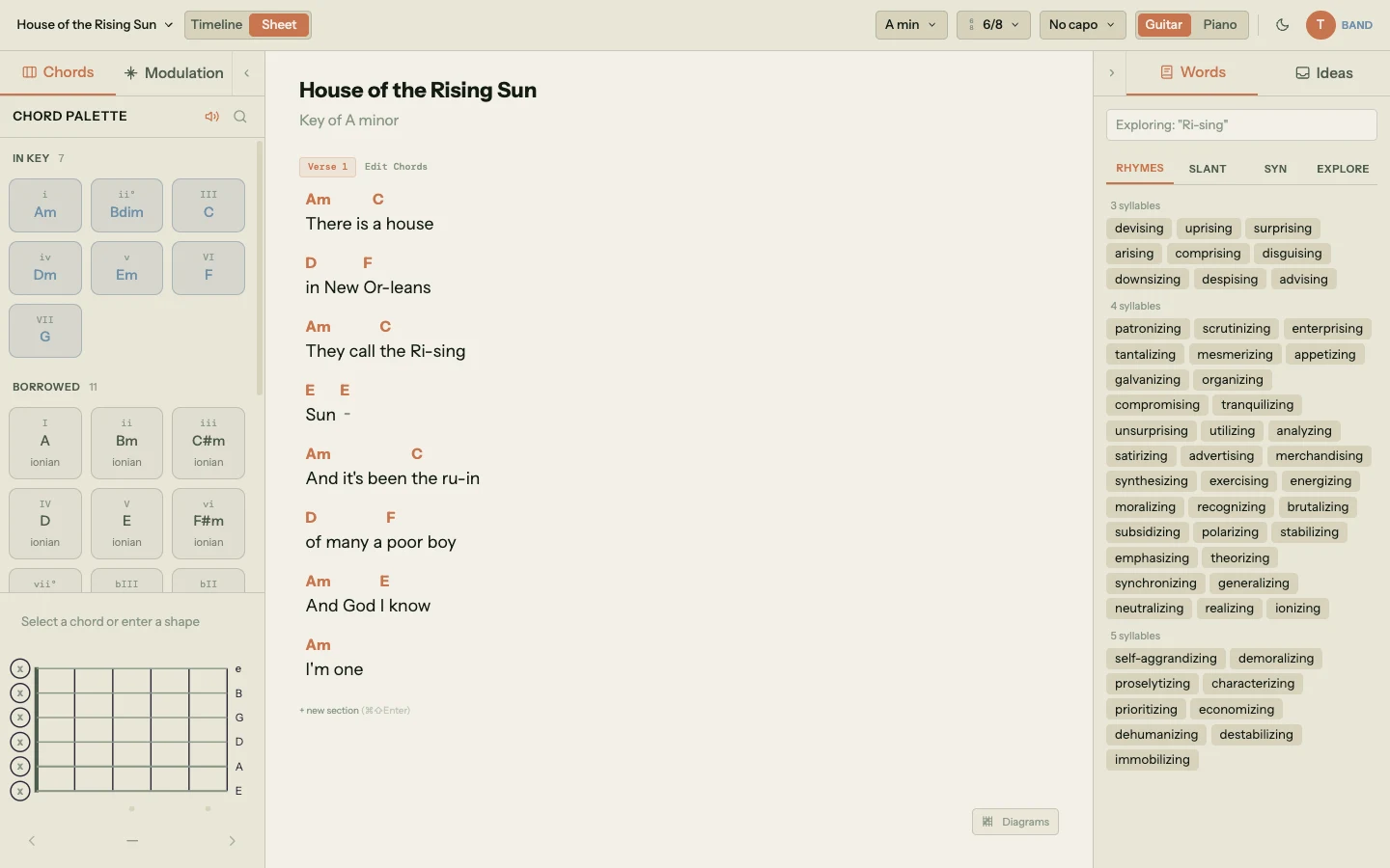 Right panel open on the Words tab with "Ri-sing" selected from the lyric "They call the Rising Sun". Rhymes are grouped by syllable count: 3 syllables (devising, uprising, surprising, arising, comprising, disguising), 4 syllables (patronizing, scrutinizing, enterprising, tantalizing, mesmerizing, organizing, analyzing, advertising, synthesizing), and 5 syllables (self-aggrandizing, demoralizing, proselytizing, prioritizing, dehumanizing)