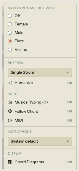 Settings panel showing sections for Mellotron Melody Voice (Off, Female, Male, Flute selected, Violins), Rhythm (Single Strum dropdown and Humanize toggle), Input (Musical Typing, Follow Chord, MIDI all off), Microphone (System default dropdown), and Display (Chord Diagrams off)