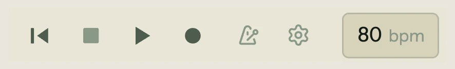 Transport controls in the toolbar showing the return-to-start, stop, play, and record buttons alongside the metronome toggle and settings gear icon