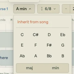 Key override dropdown open from the A min badge in the section header, showing Inherit from song at the top in accent color, a 4 by 3 grid of root notes (C, C-sharp, D, E-flat, E, F, F-sharp, G, A-flat, A, B-flat, B), and a maj/min mode toggle at the bottom