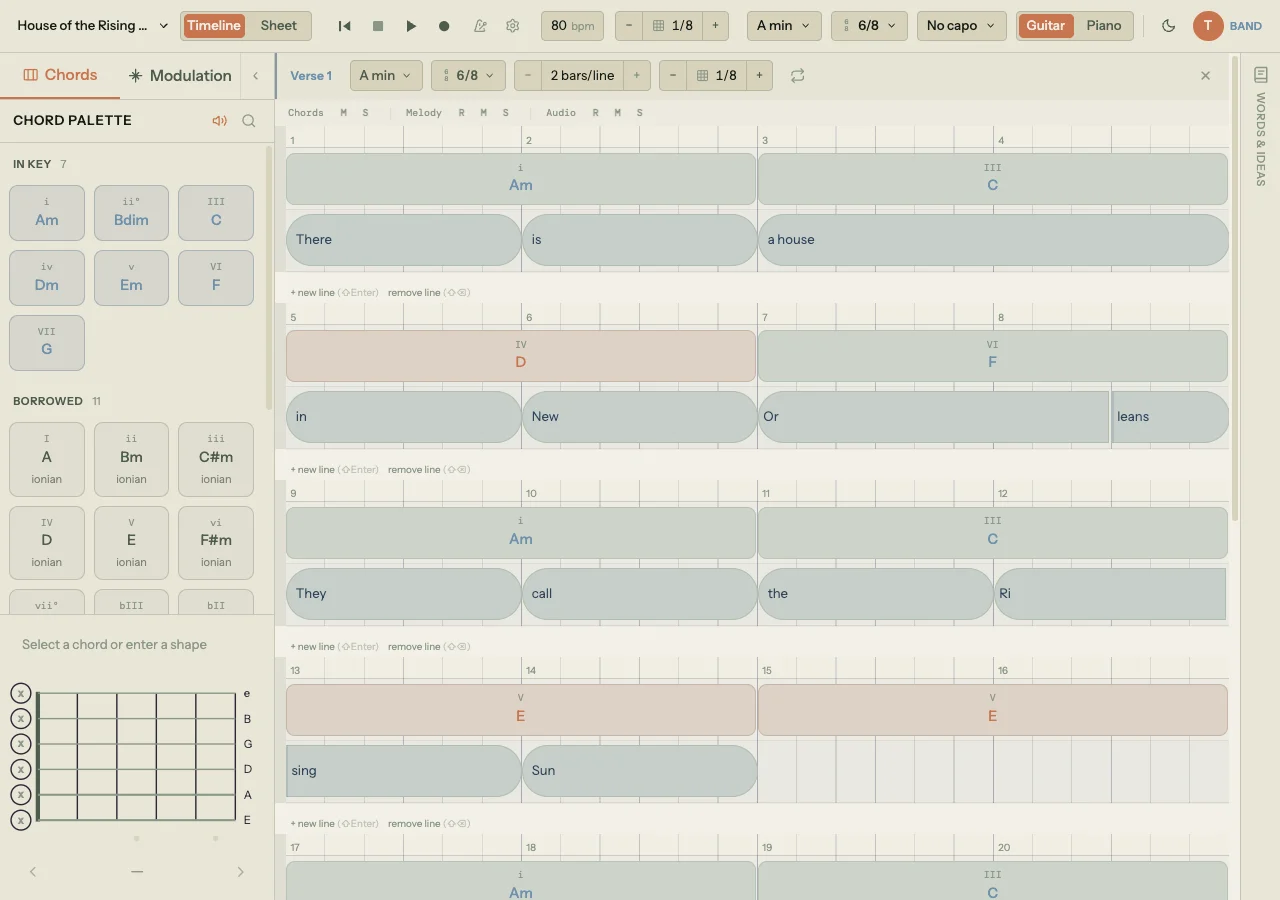 Section header showing Verse 1 with controls for key (A min), time signature (6/8), bars per line (2), grid division (1/8), loop toggle, and delete button, followed by a track panel with Chords, Melody, and Audio rows each with mute, solo, and arm buttons, and two lines of beat grid below showing chord blocks (Am, C, D, F) in the chord lane and lyric blocks (There, is, a house / in, New, Or, leans) in the lyric lane with measure numbers 1 through 8 on the beat rulers