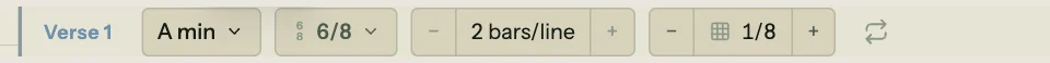 Section header bar showing controls from left to right: Verse 1 section tag, A min key badge with dropdown chevron, 6/8 time signature badge, minus and plus buttons around 2 bars/line label, minus and plus buttons around a grid icon with 1/8 label, a loop toggle icon, and an x delete button at the far right