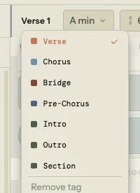 Section type dropdown open from the Verse 1 header, showing seven options with colored swatches: Verse (selected with checkmark), Chorus, Bridge, Pre-Chorus, Intro, Outro, Section, and a Remove tag option at the bottom
