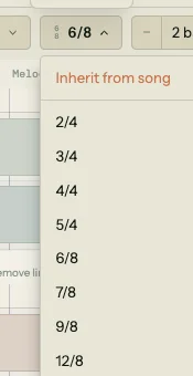 Time signature override dropdown open from the 6/8 badge, showing Inherit from song at the top and eight preset options listed vertically: 2/4, 3/4, 4/4, 5/4, 6/8, 7/8, 9/8, 12/8
