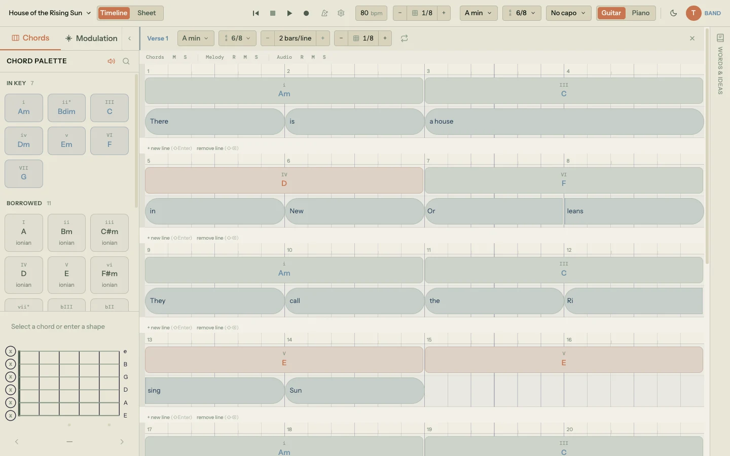 Song Cage timeline view of House of the Rising Sun in A minor, 6/8, showing all three layers stacked on a single canvas: a chord lane with Am, C, D, and F blocks on top, a lyric lane below with "There is a house in New Or-leans" positioned on the beat grid, and each word carrying its own melody note (E4, A4, C5, B4, A4). The chord palette is visible in the left sidebar with A minor diatonic chords; the right panel shows the Word Tools and Ideas tabs.