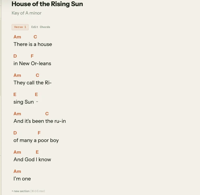 Sheet view of House of the Rising Sun showing chord names (Am, C, D, F, E) floating above each line of lyrics in a clean notepad layout. Eight lines of lyrics are visible, from "There is a house" through "I'm one", with the Verse 1 section tag and Edit Chords button at the top