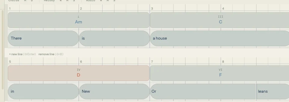 Timeline view showing two lines of House of the Rising Sun with chord blocks (Am, C, D, F) in the upper chord lane and lyric blocks (There, is, a house / in, New, Or, leans) in the lower lyric lane, each word sitting on the beat grid with measure numbers 1 through 8 on the rulers