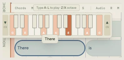 Inline piano keyboard floating above the selected lyric block "There", showing two octaves of keys from C3 to C5, with Am chord tones (C, E, A) highlighted in orange when Follow Chord is active, and the hint "Type A-L to play · Z/X octave" in the track panel above