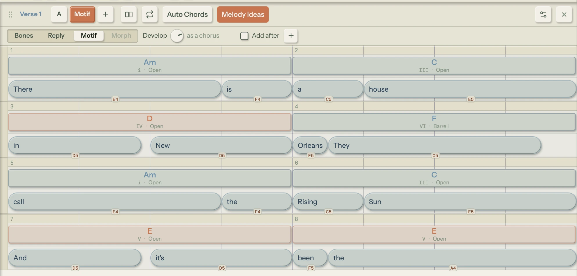 Melody Ideas open under a Song Cage section header: the Bones, Reply, Motif and Morph picker with Motif chosen, the Develop knob set to as a chorus, an Add after checkbox and a + key, with the section's version tabs A and Motif in the header and the new line's notes under the lyrics.