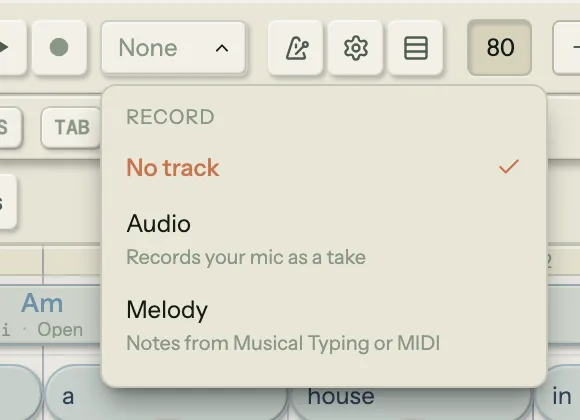 The record picker open beside the transport's record button, headed RECORD, listing No track (currently selected, with a checkmark), Audio with the note "Records your mic as a take", and Melody with the note "Notes from Musical Typing or MIDI"
