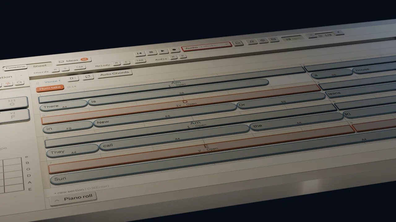 The Song Cage editor: a verse on the timeline, each lyric line under the chords it is sung over
