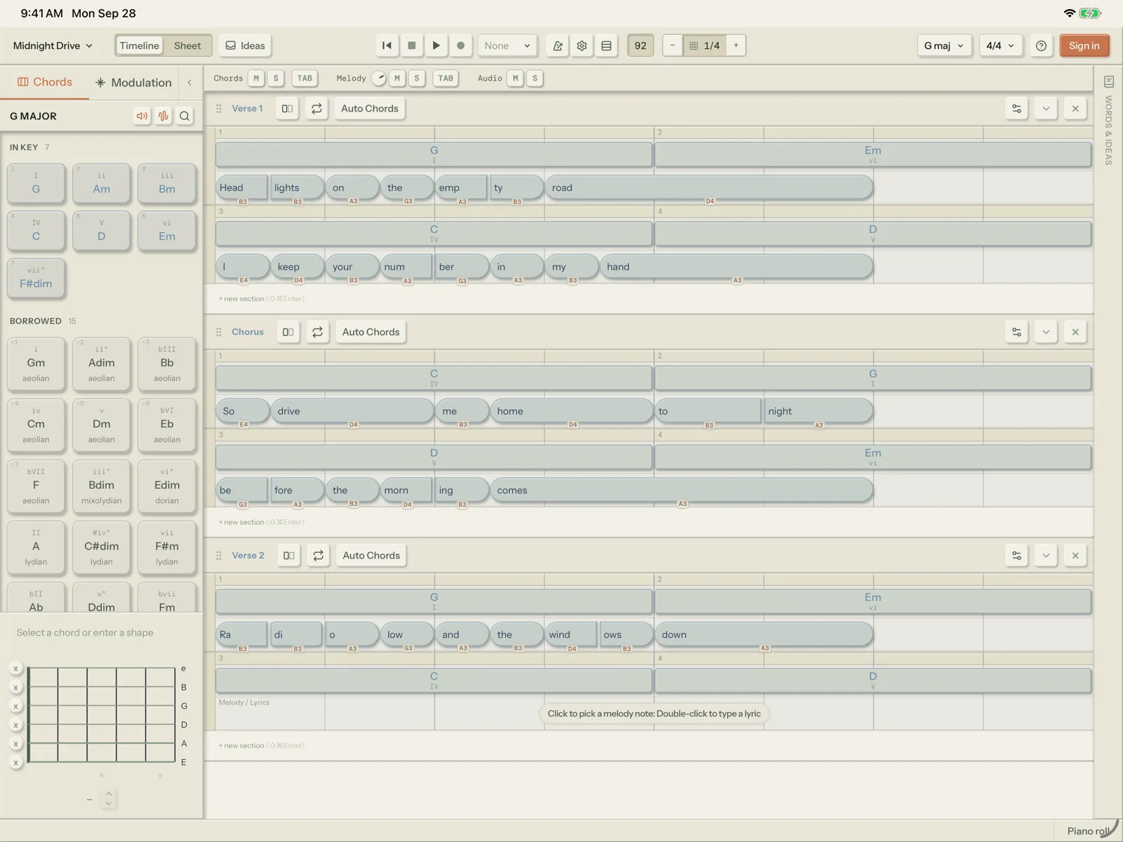 Song Cage on an iPad: the chord palette on the left, and a song timeline with a verse and a chorus, chords over each line and a melody note under every syllable.