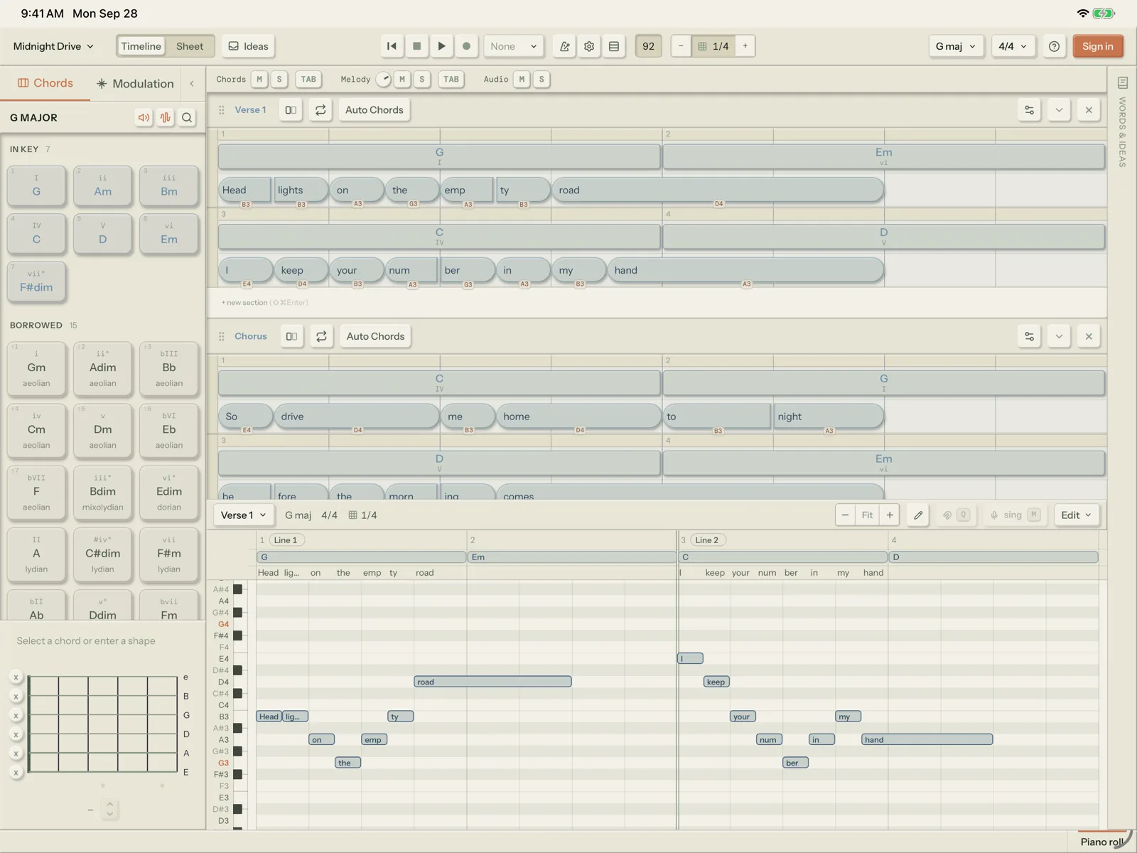 The section piano roll docked under the timeline on an iPad, with each lyric syllable shown as a note on its own pitch row.