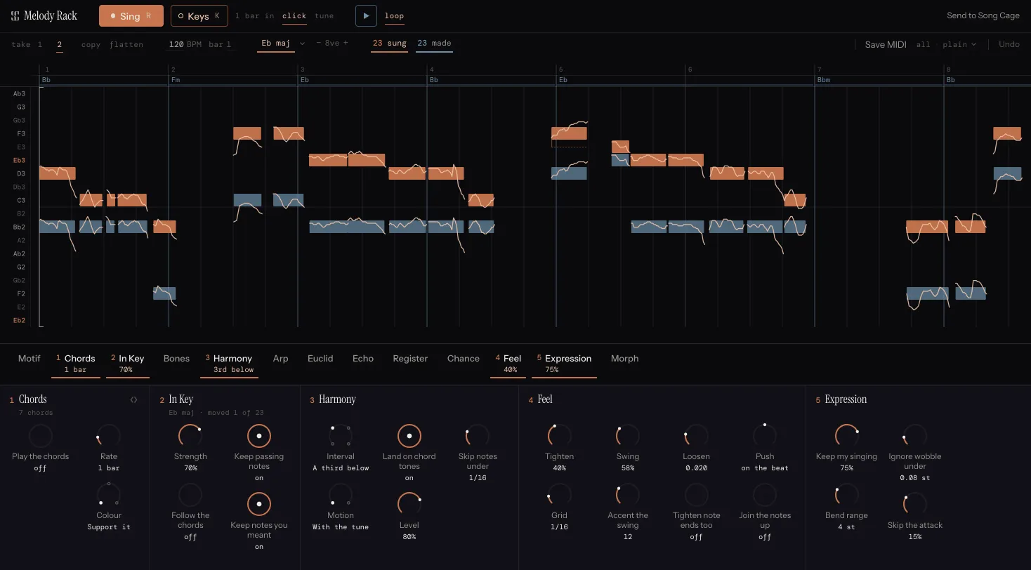 The four bands of the Melody Rack window from the top: the header of buttons, the take bar of settings, the piano roll with the sung take and the chord row above it, and the chain of thirteen slots with an open strip beneath the live ones.