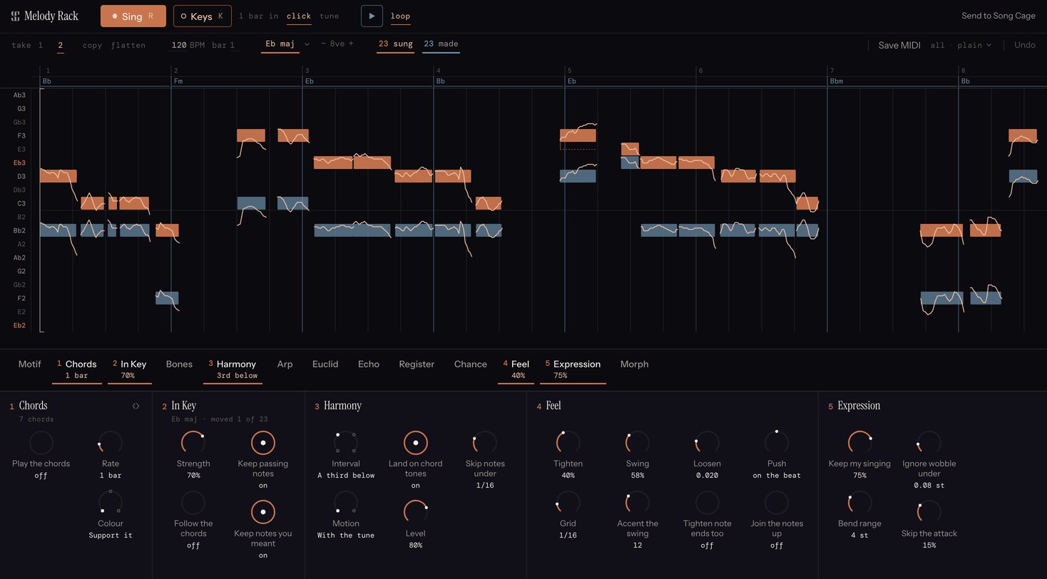 Melody Rack open in a DAW: a sung melody in terracotta with its pitch curve, the chord progression the rack wrote from it underneath, and four live effect slots in the chain.