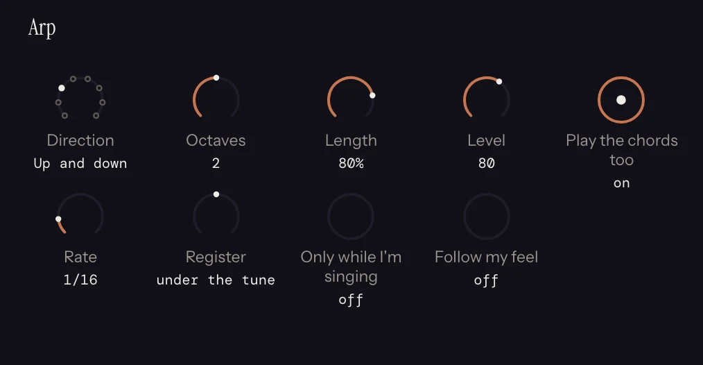 The Arp strip in Melody Rack, with its dials set.