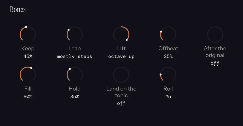 The Bones strip in Melody Rack, with its dials set.