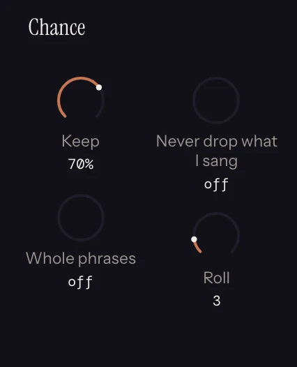 The Chance strip in Melody Rack, with its dials set.