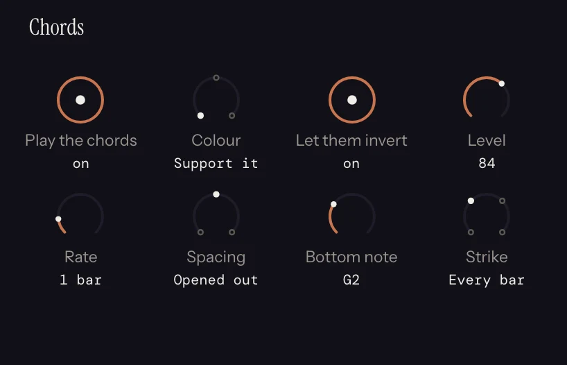 The Chords strip in Melody Rack, with its dials set.