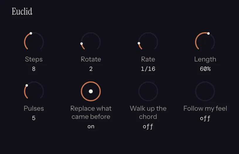 The Euclid strip in Melody Rack, with its dials set.