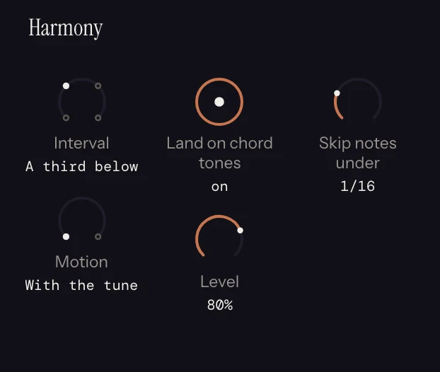 The Harmony strip in Melody Rack, with its dials set.