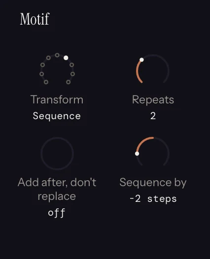 The Motif strip in Melody Rack, with its dials set.