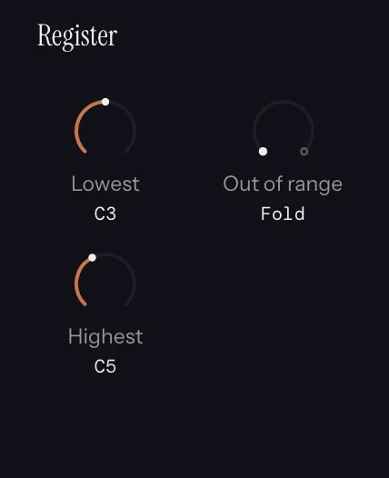 The Register strip in Melody Rack, with its dials set.