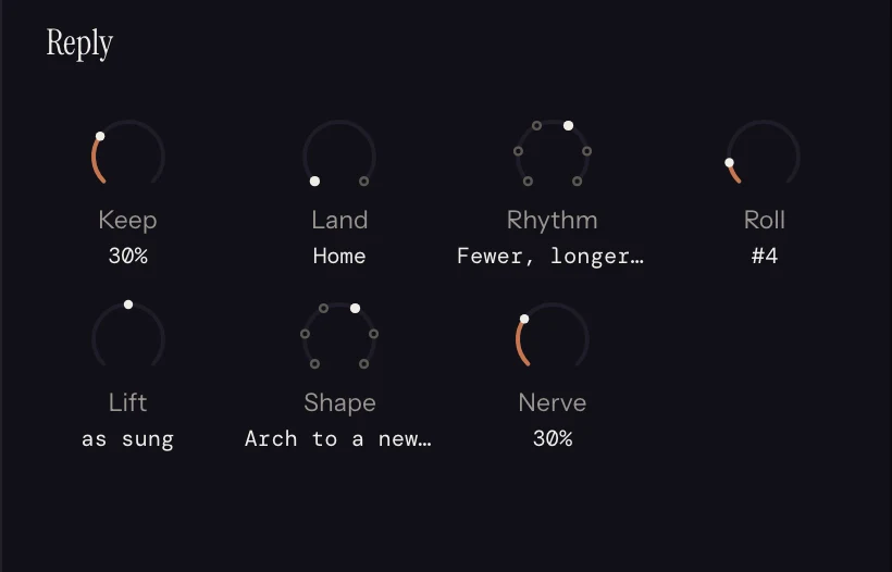 The Reply strip in Melody Rack with its dials set: the controls that build an answering second half out of the first half of the phrase you sang, with Shape and Rhythm both left on Roll picks.