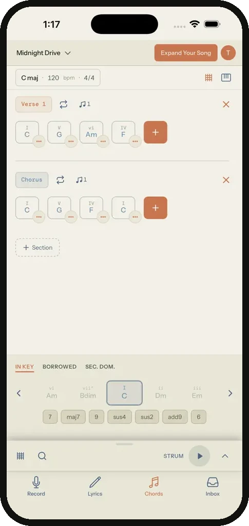 Song Cage mobile Chords tab showing the verse and chorus chord progressions for Midnight Drive as chips labelled with Roman numerals, above an in-key chord palette.