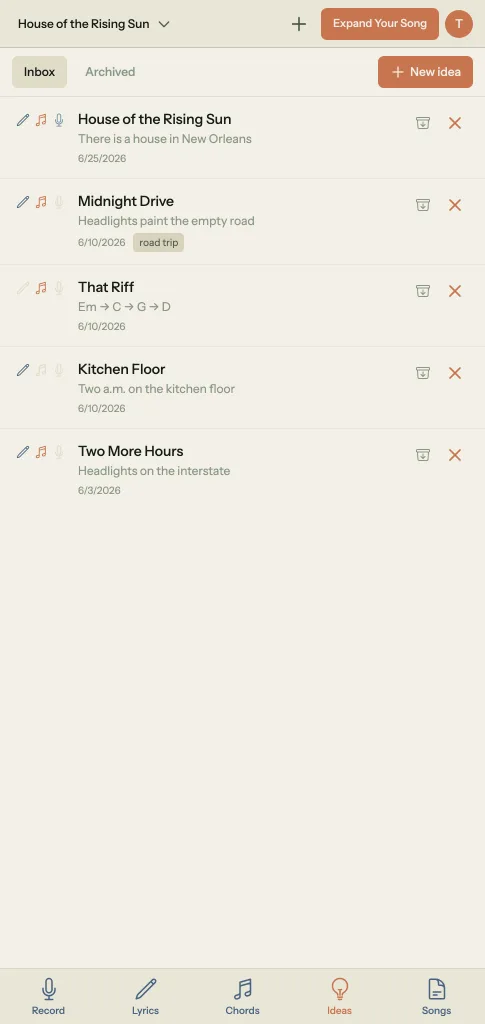 Song Cage mobile Ideas tab listing captured song ideas such as House of the Rising Sun, Midnight Drive, That Riff, and Kitchen Floor, each with content-type icons and a preview, with a New idea button at the top.