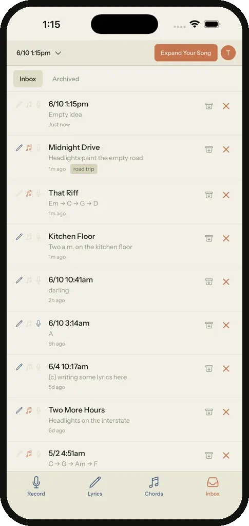 Song Cage mobile idea Inbox listing captured song ideas such as Midnight Drive, That Riff, and Kitchen Floor, each with content-type icons, a preview, and a timestamp.