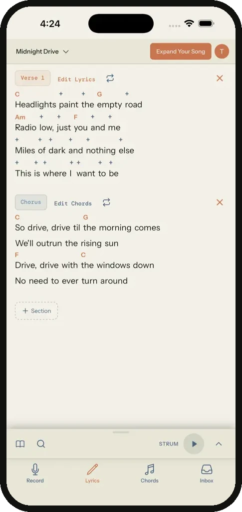 Song Cage mobile Lyrics tab showing the Verse and Chorus of Midnight Drive, with chord names placed above each lyric line.