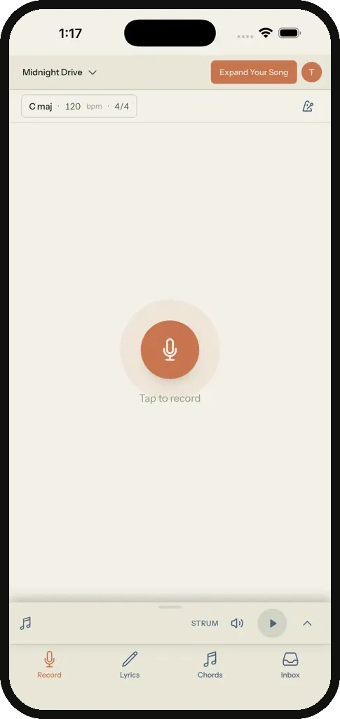 Song Cage mobile Record tab for the song Midnight Drive in C major at 120 BPM, with a large tap-to-record microphone button and the Record, Lyrics, Chords, and Inbox tab bar.